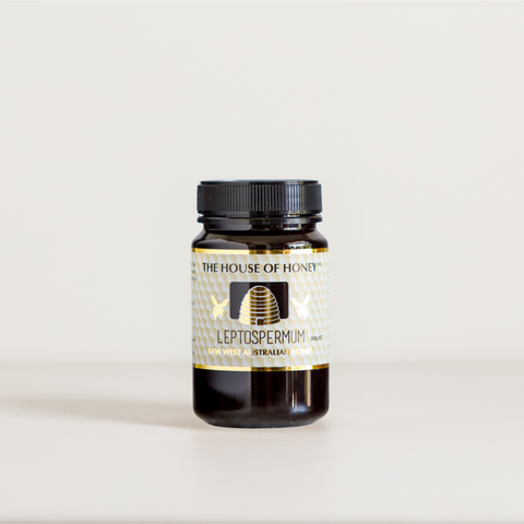 Jar of Leptospermum honey from The House of Honey on a white background