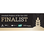 Award ribbon for 'Livestock Producer of the Year 2012' Finalist with a gold border and white background.