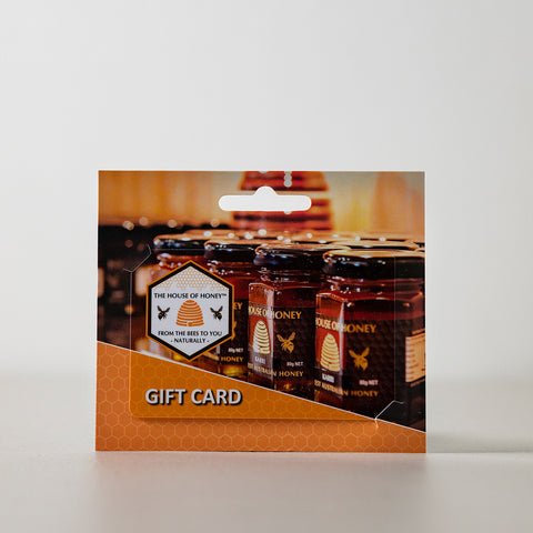 Gift card with honey jars and 'The House of Honey' branding on a white background